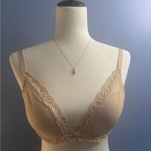 Natori Feathers 34D Lace Contour Plunge Underwire Bra Cafe Beige